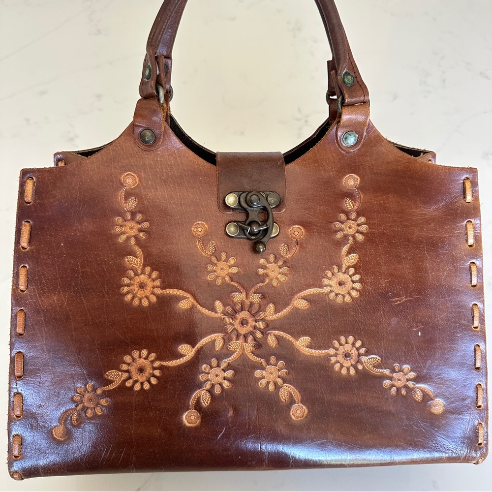 Vintage Boho T-Bags Los Angeles Brown Leather Handbag/Tote with Floral Embossing